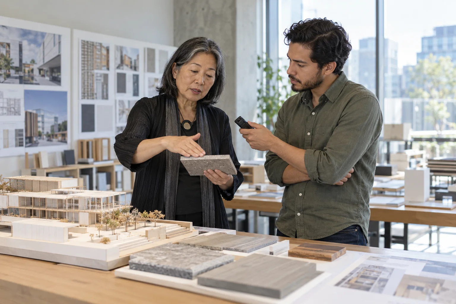 A consultant explaining a material sample while an interviewer holds an audio recorder in an architecture studio