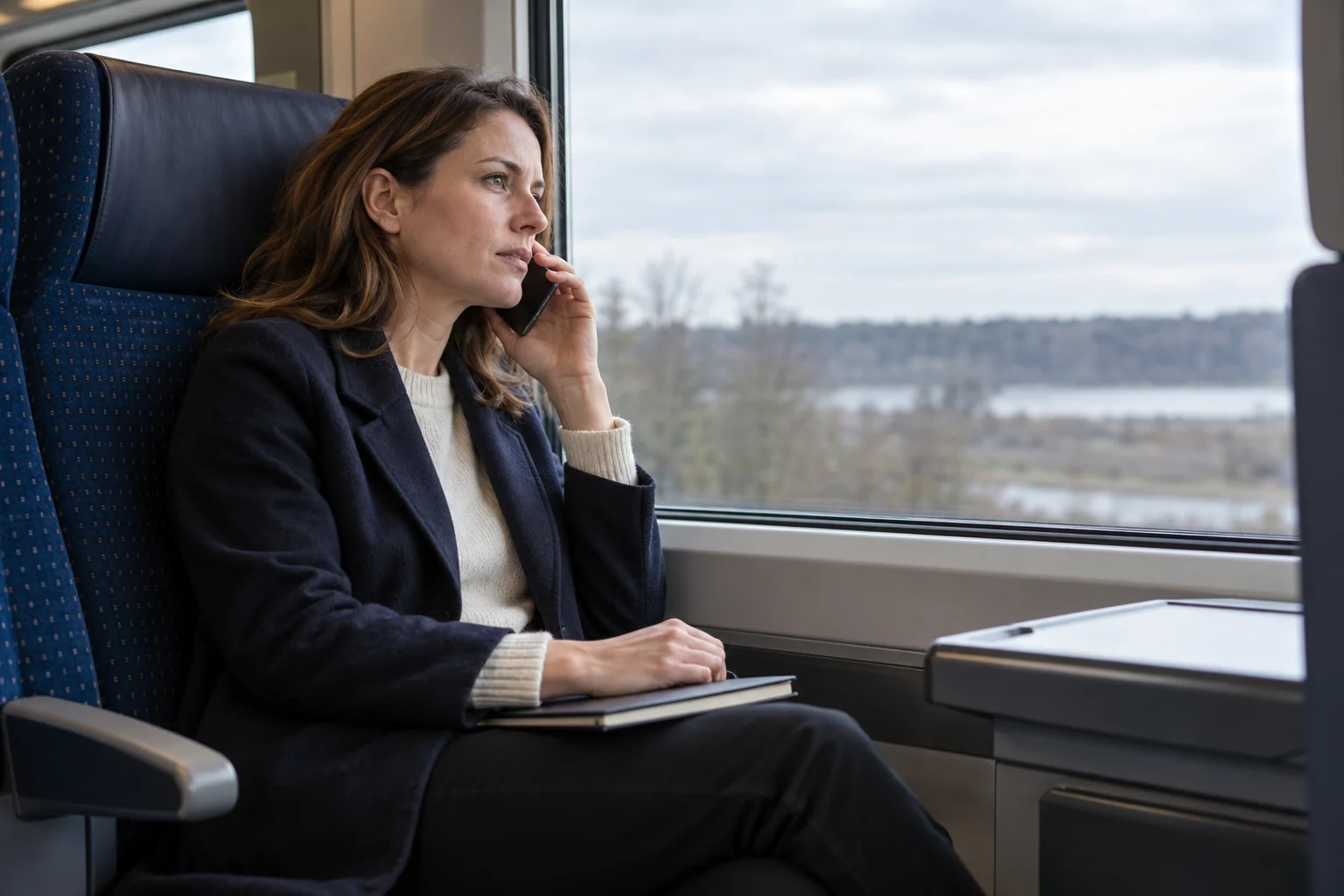 A researcher making a follow-up phone call from a train window seat with a closed notebook on her lap