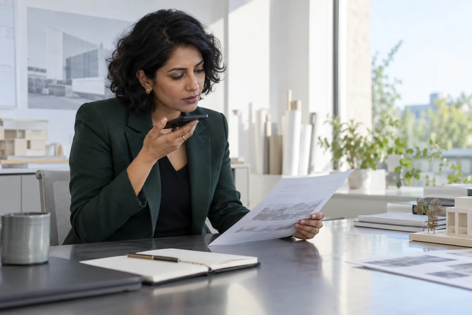 A founder recording a first-hand observation while reviewing an evidence brief in a bright advisory studio