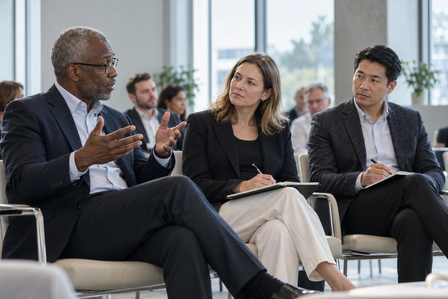 A senior consulting founder testing an argument through a focused discussion with professional peers