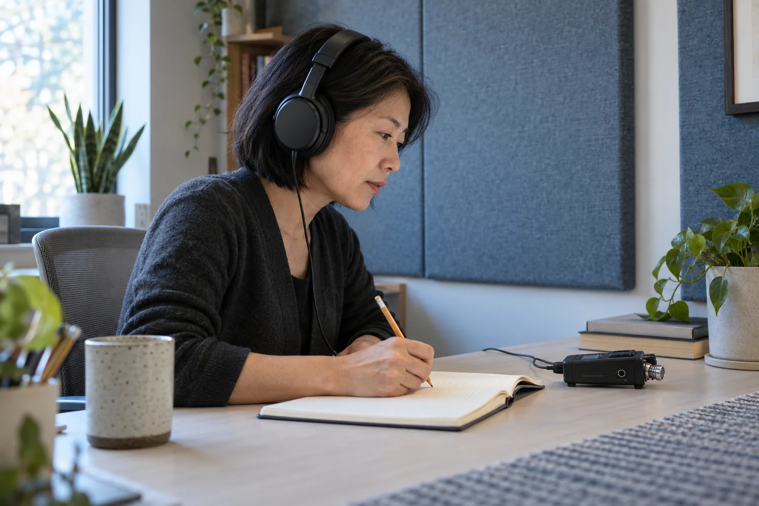 A researcher wearing headphones and taking notes while reviewing an audio recording