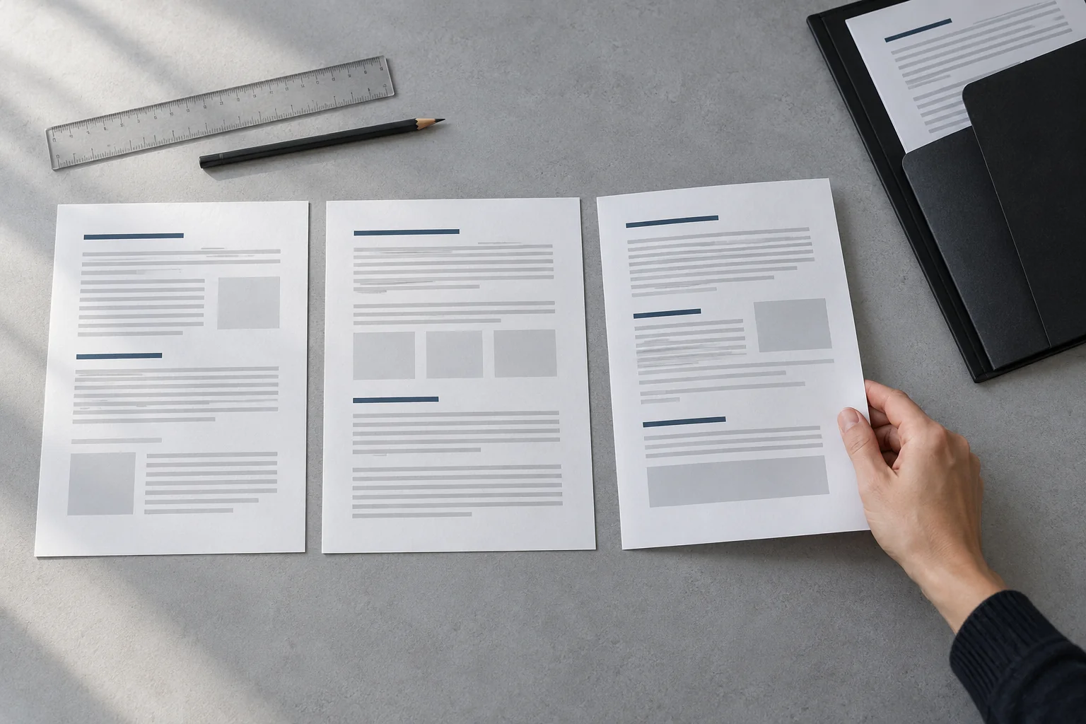 Overhead view of research summaries being arranged beside a pencil and folder